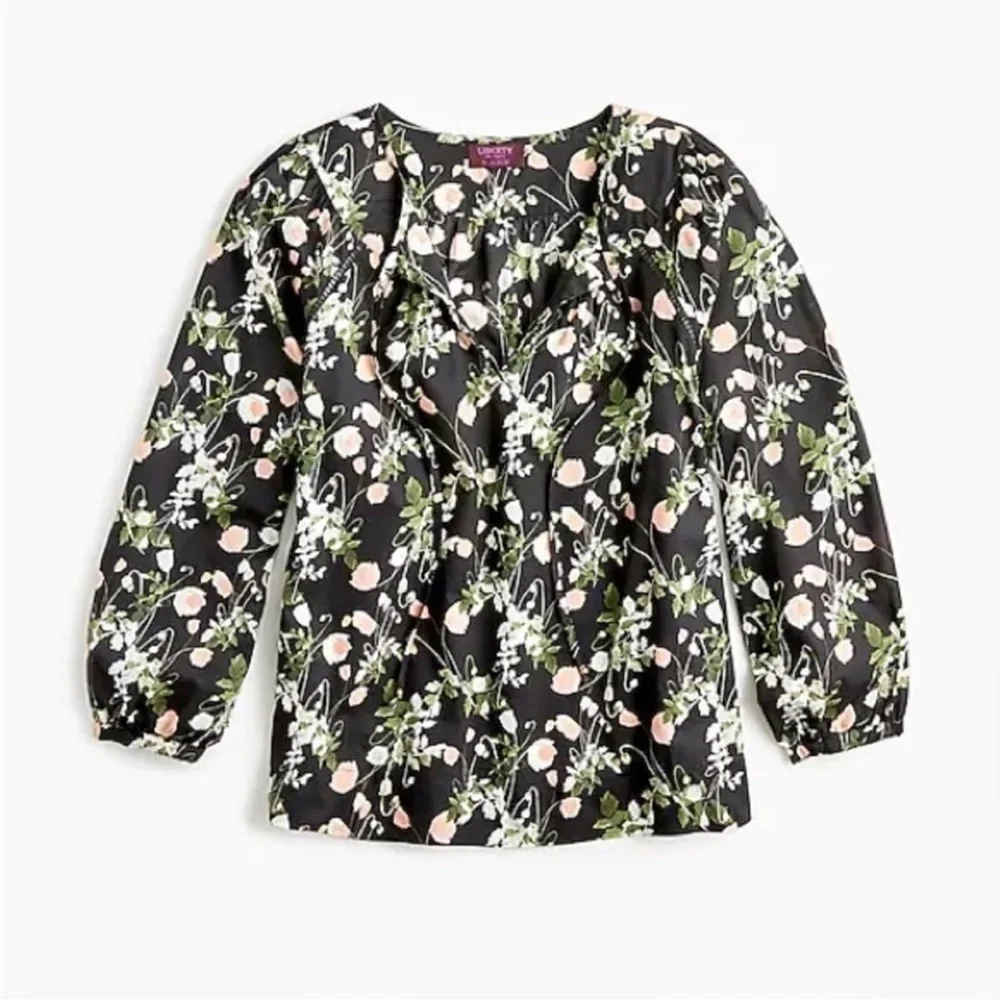 J.Crew Liberty London Poppy Dreams Black Floral Tie-Neck Popover Blouse Top